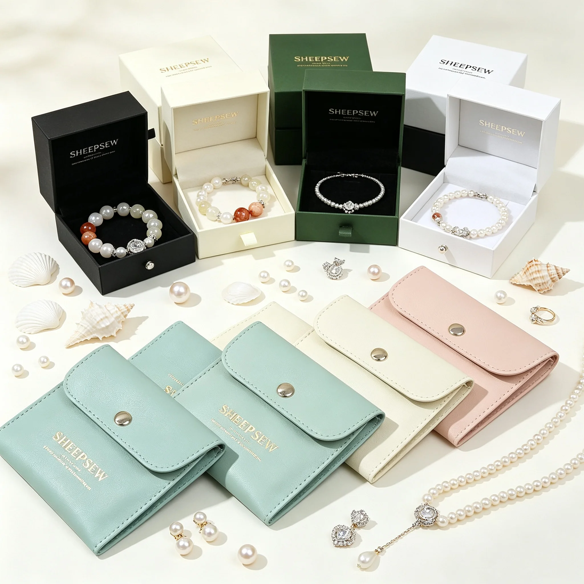 SHEEPSEW Luxury Custom Logo Slide Drawer Cardboard Jewellery Box With PU Leather Pouch, Personalized Gift Packaging For Fashion