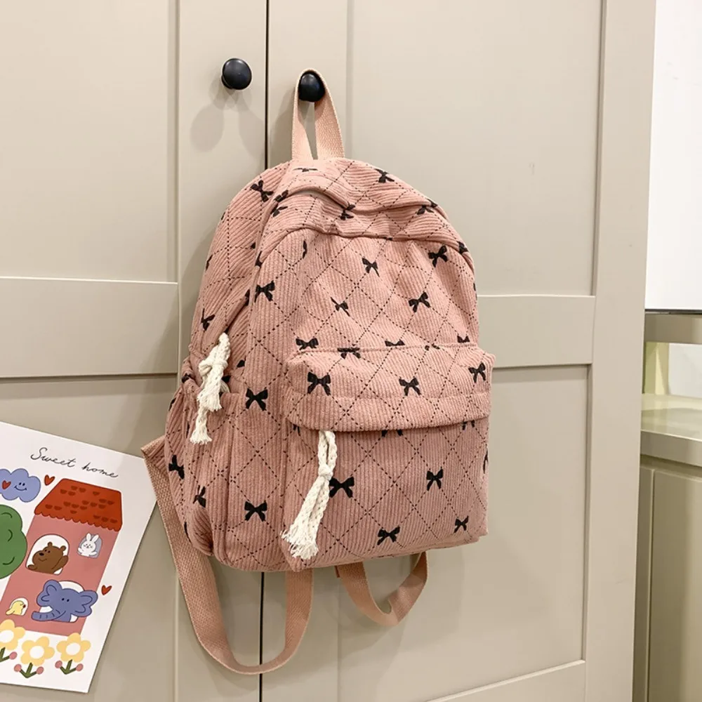 

Fashion Bowknot Printed Women's Backpack Corduroy Large Capacity Book Bags Students Backpack Women