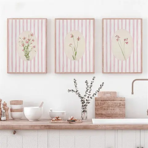 Pink Floral Poster Pink Floral Blue Striped Botanical Poster Canvas Painting Print Neutral Cottagecore Wall Art Picture for Living Room Home Decor
