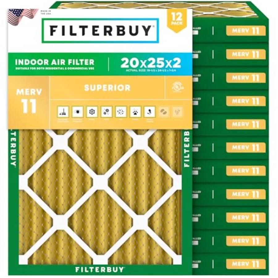 

20x25x2 Air Filter MERV 11 Superior Pet and Allergy Defense 12-Pack Electrostatic Pleated HVAC AC Furnace Filters Replacement M