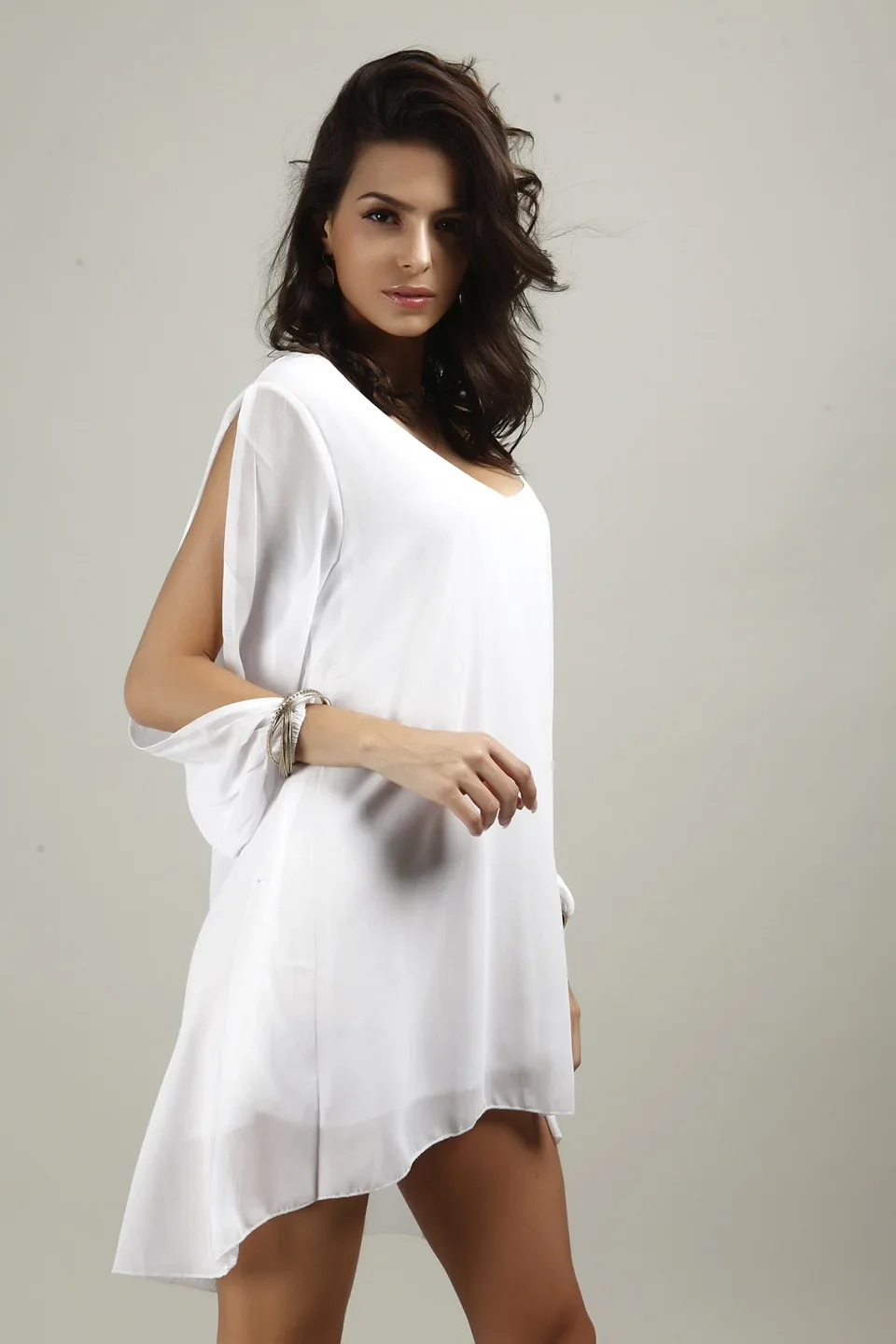 Black White Stylish Exposed Arm Sleeve V-neck Chiffon Loose A-line Dress Women's Fashion Dress