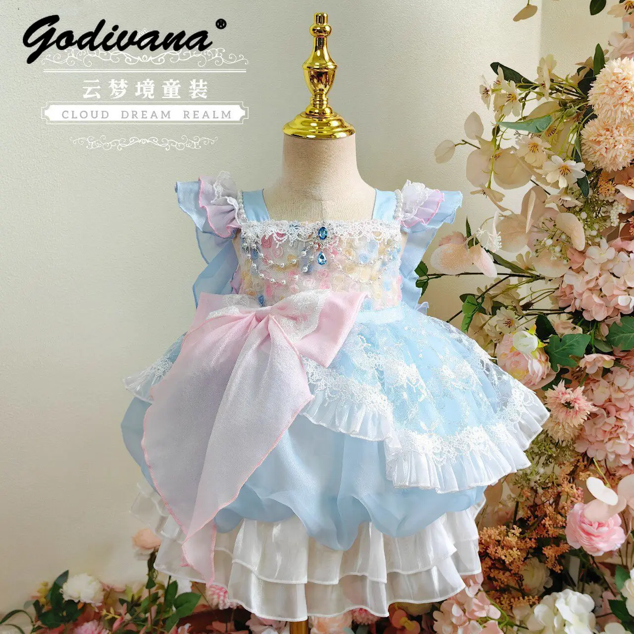 2026 New Spring and Summer Sweet Baby Girls Floral Lolita Princess Suspender Dress Kids Fashion Pearls Mesh Bow Tulip Tutu Dress
