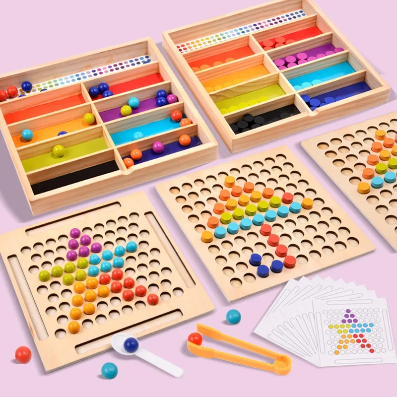 เด็กคลิปลูกปัดไม้การเรียงลําดับเกม Montessori ของเล่นสีความรู้ความเข้าใจการจับคู่ Fine Motor Skills Sensory ของเล่นเพื่อการศึกษาของขวัญ