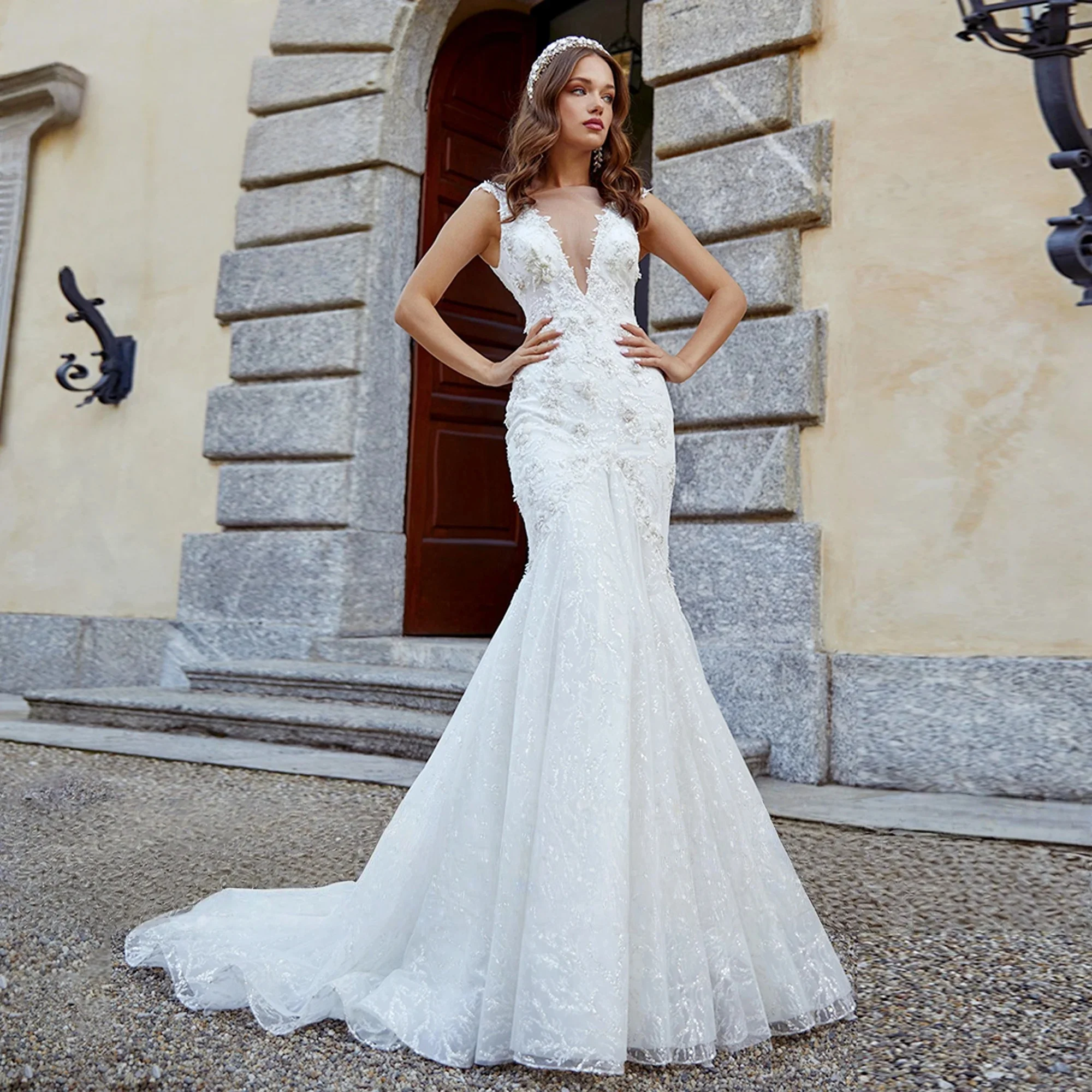 

Backless Wedding Dresses Mermaid V-neck Appliques Lace Boho Bridal Gown Saudi Arabic Dubai Islamic Vestido De Noiva Customized