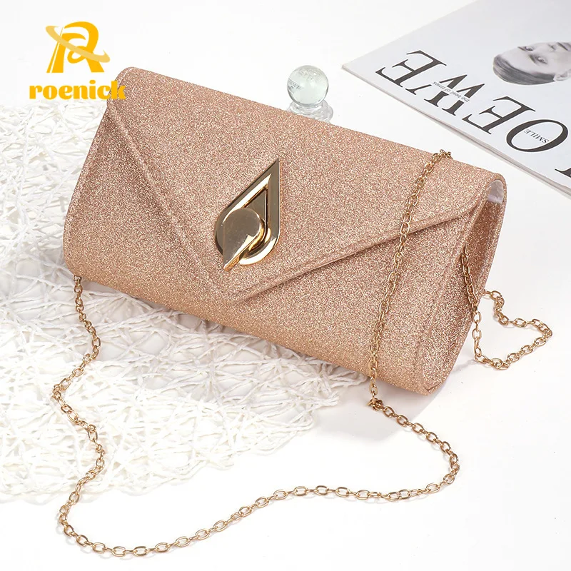 

ROENICK Women Pink Glitter Flap Evening Bags Cocktail Party Drop Metal Lock Chain Shoulder Totes Luxury Designer Handbags Purses