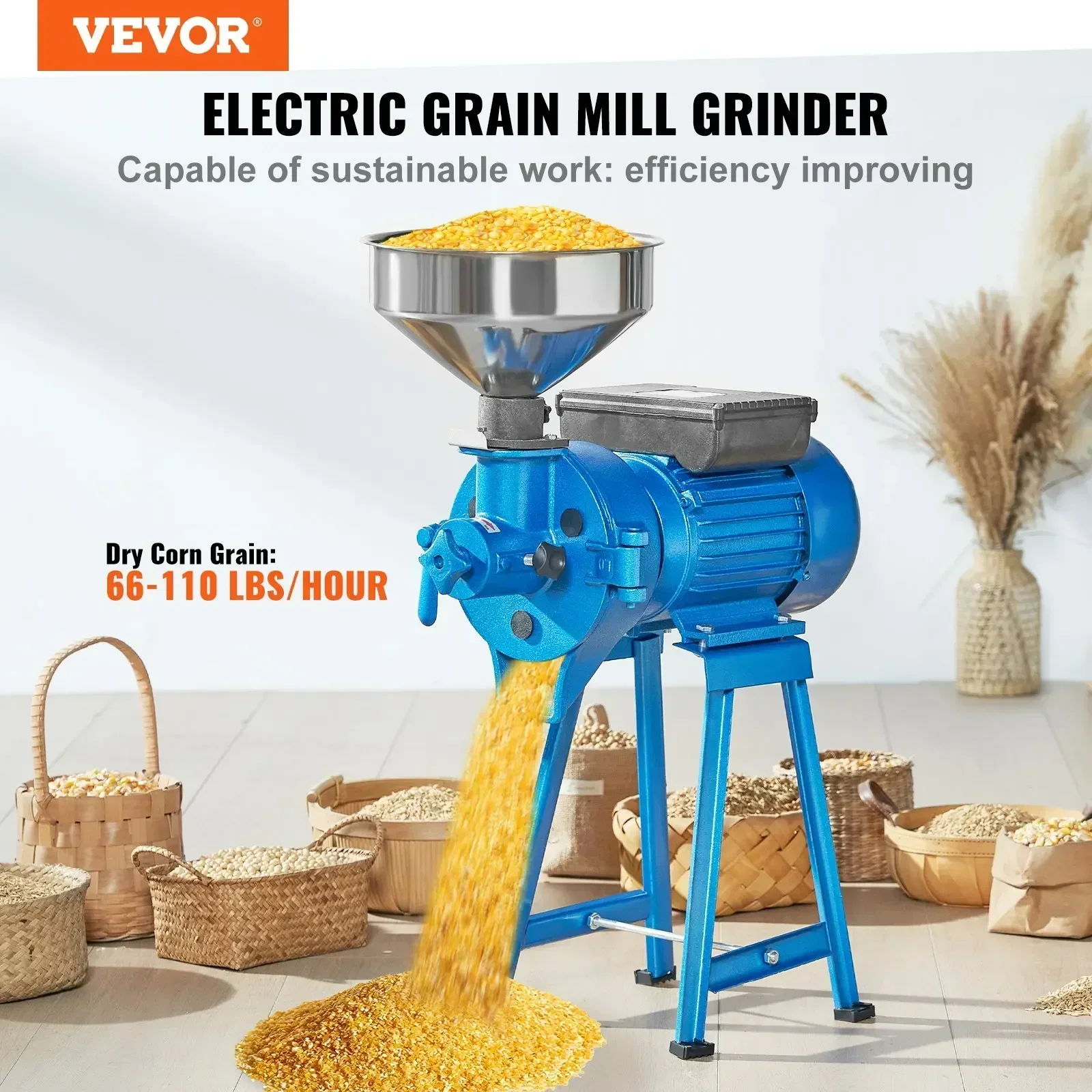 VEVOR electric grain grinder, 1500W spice grinder, commercial corn grinder with funnel, flour, grain, wheat dry and wet grinder