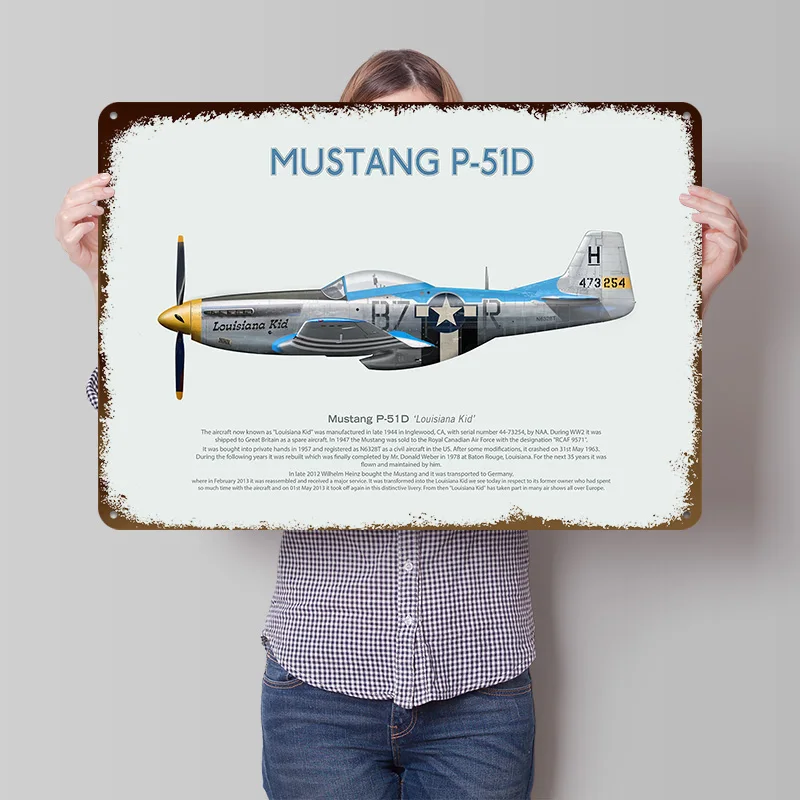 Mustang P51 Louisiana Kid Poster Customized Vintage Metal Signs Wall Art Retro Tin Plaque for Desk Decor Room Office Decoration