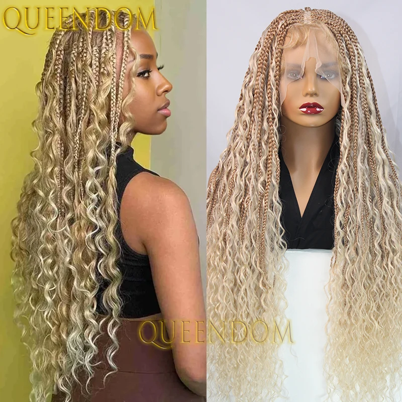 Synthetic Ombre Blonde Gradation Braid Wig 32 Inch Bohemian Cornrow Braided Wig With Curly Ends Full Lace Crochet Box Braids Wig