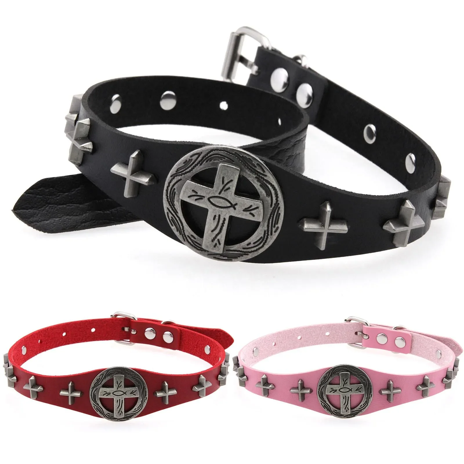 Dark Wind Cross PU leather Pendant Choker Punk Retro Men and women Leather Collarbone chain Hip hop Rock and roll Accessory