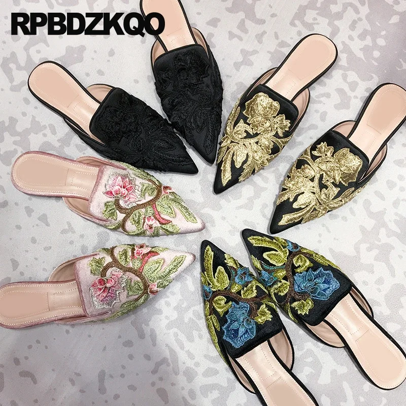 China Silk Flower Slippers Mules Pointed Toe Folk Half Shoes Flats Embroided Ethnic Floral Slides Suede Traditional Women Satin