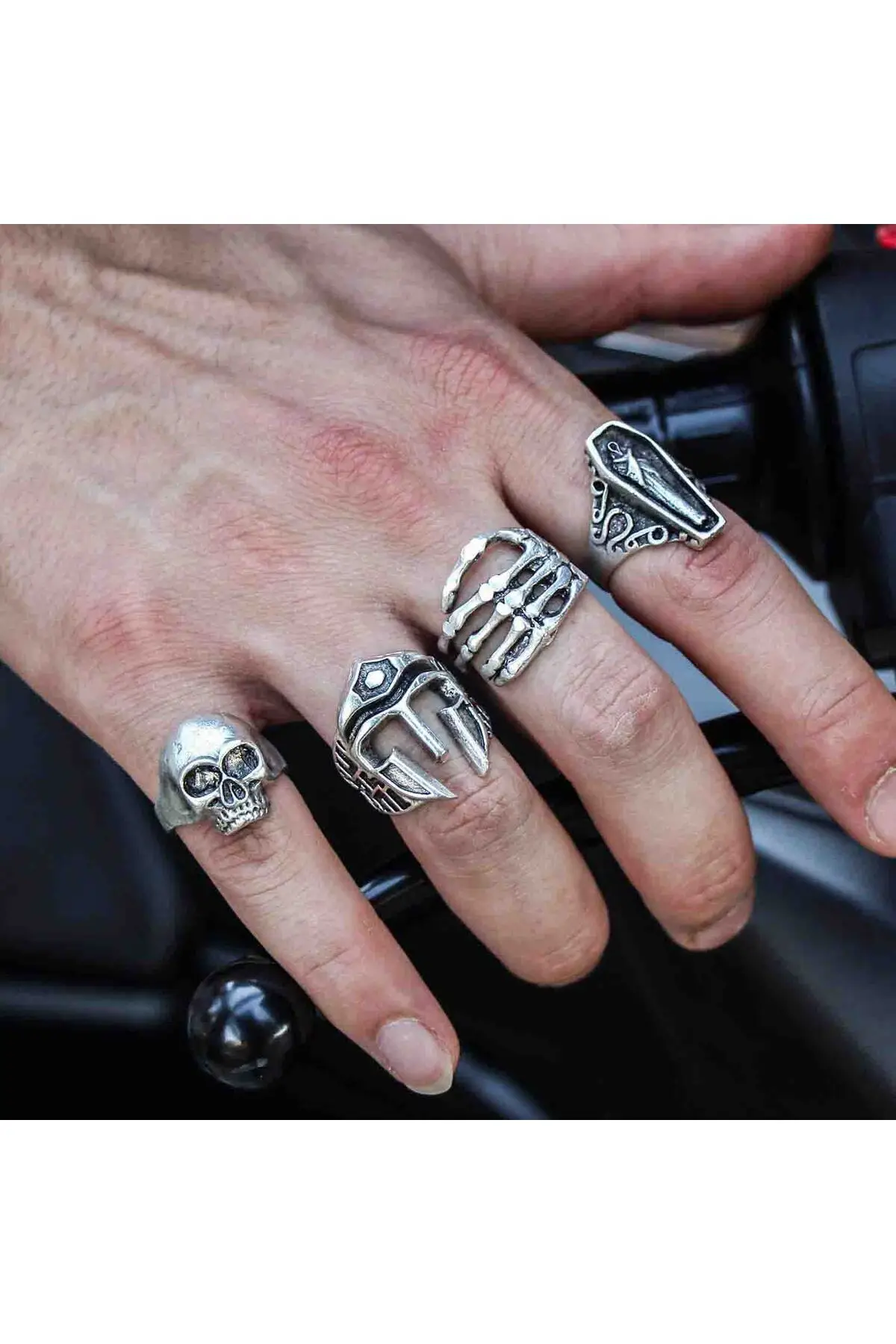 

4 Pieces Silver Plated Adjustable Model Women's and Men's Death Ring Set