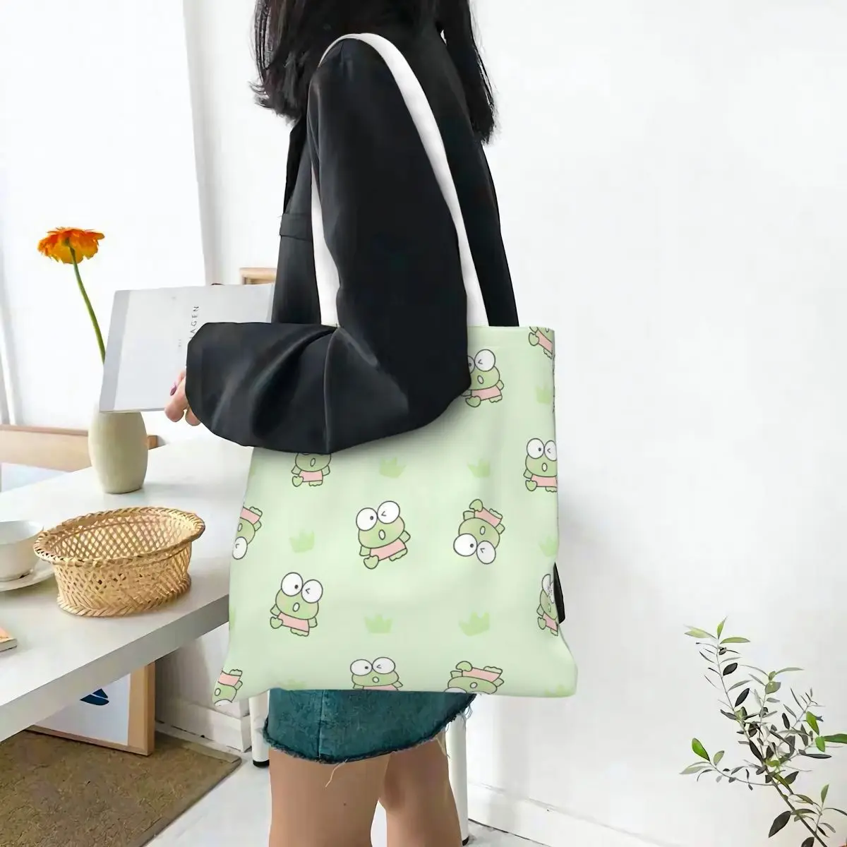 Sanrio Keroppi Frog Canvas Tote Bag Aesthetic Unique Design Cartoon Shopping Bag for Women Men