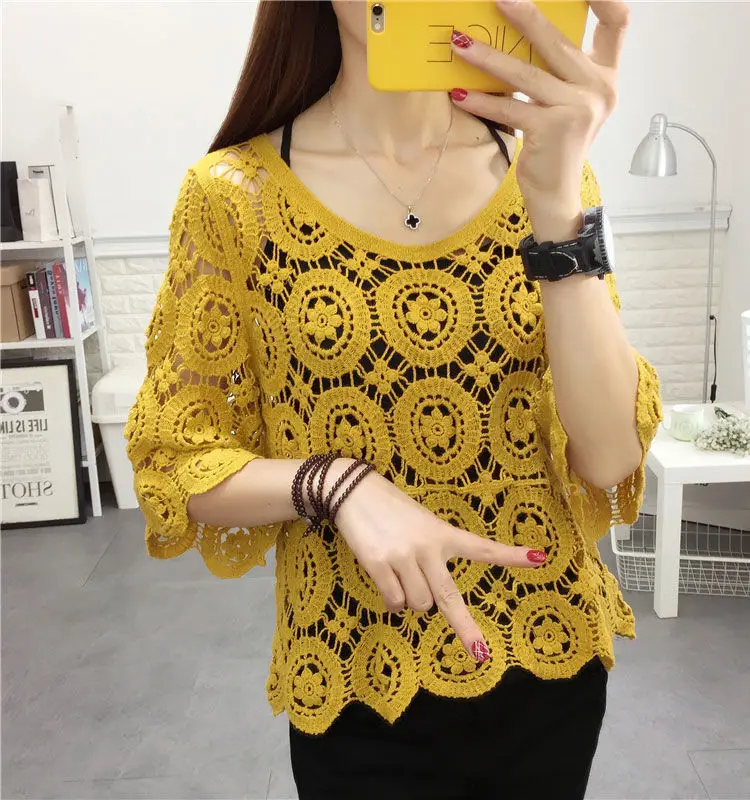 Lace Top Women\'s Short Hollow Knitted Blouse New Loose Spring and Summer Round Neck Five-point Sleeve Handmade Sweater Female