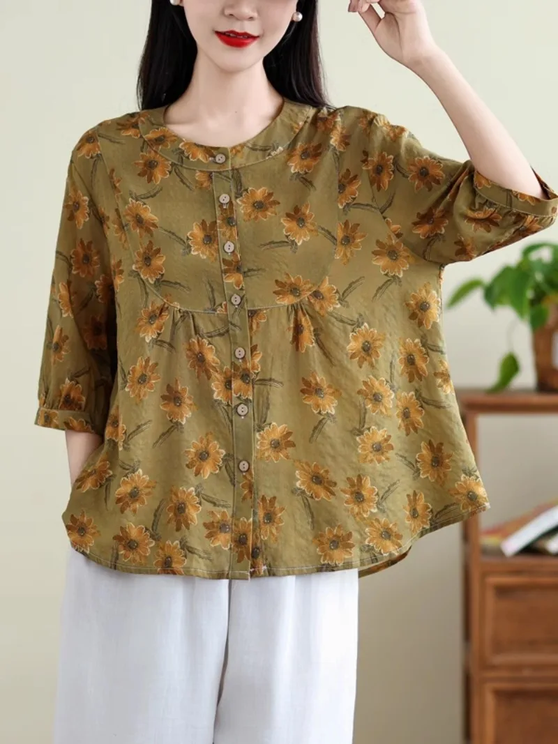 ผ้าฝ้ายลินินเสื้อผู้หญิงฤดูใบไม้ผลิฤดูร้อนแฟชั่นBreathable Healthyแขนสั้นVINTAGEพิมพ์หลวมเสื้อลําลองTops