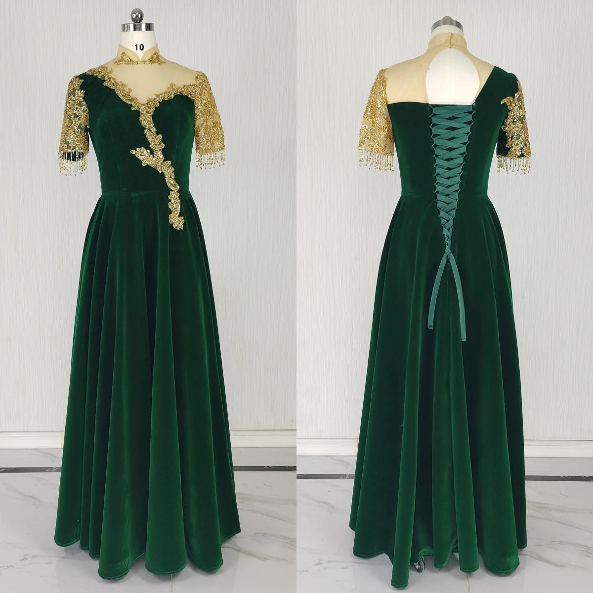 

Вечернее платье по индивидуальному заказу, зеленое велюровое трапециевидное платье с высоким воротом и шнуровкой длиной до пола, аппликациями и короткими рукавами, вечернее вечернее платье