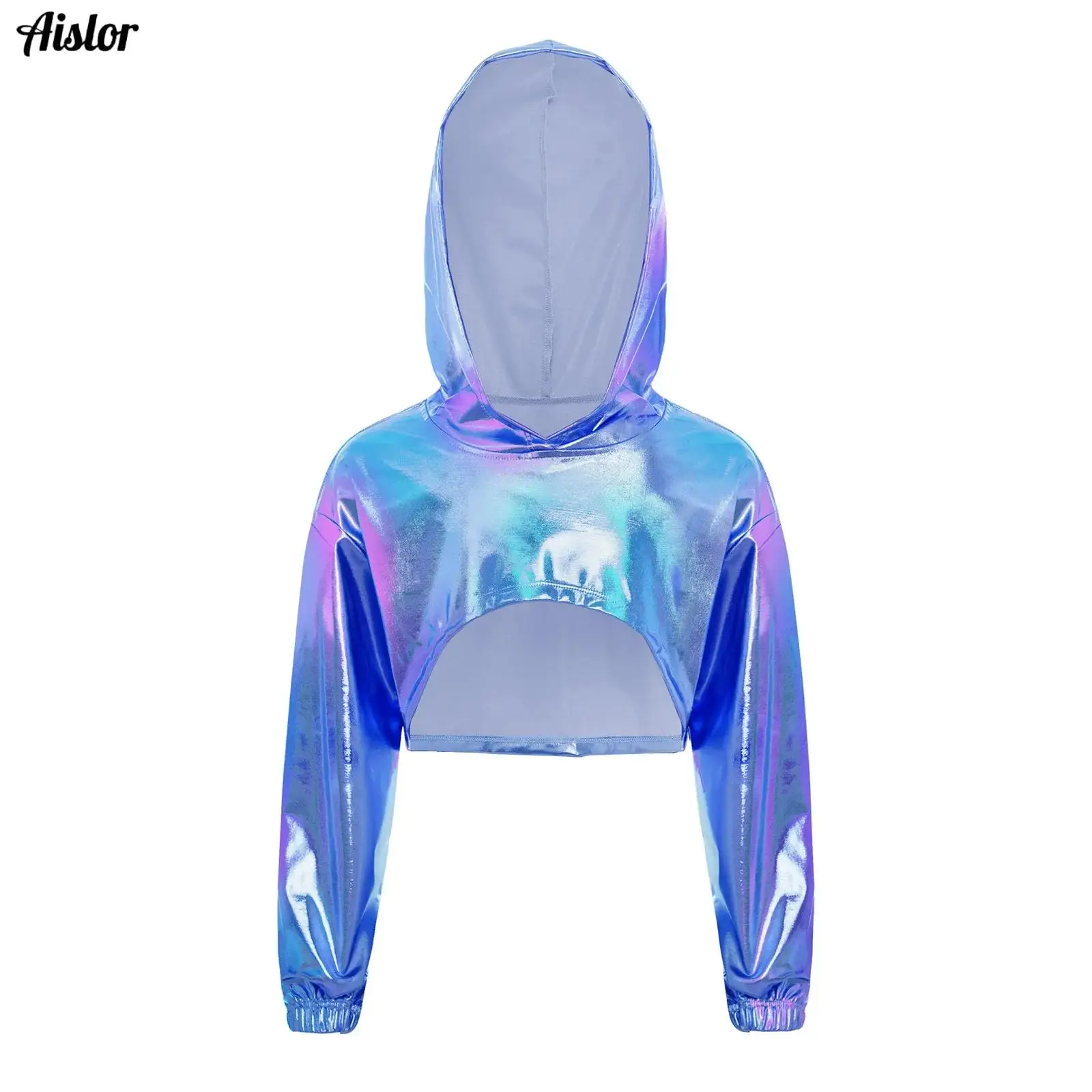 

Kids Girls Metallic Hoodie Hip-Hop Jazz Dance Performance Costume Long Sleeve Asymmetrical Hem Cropped Hooded Top Streetwear