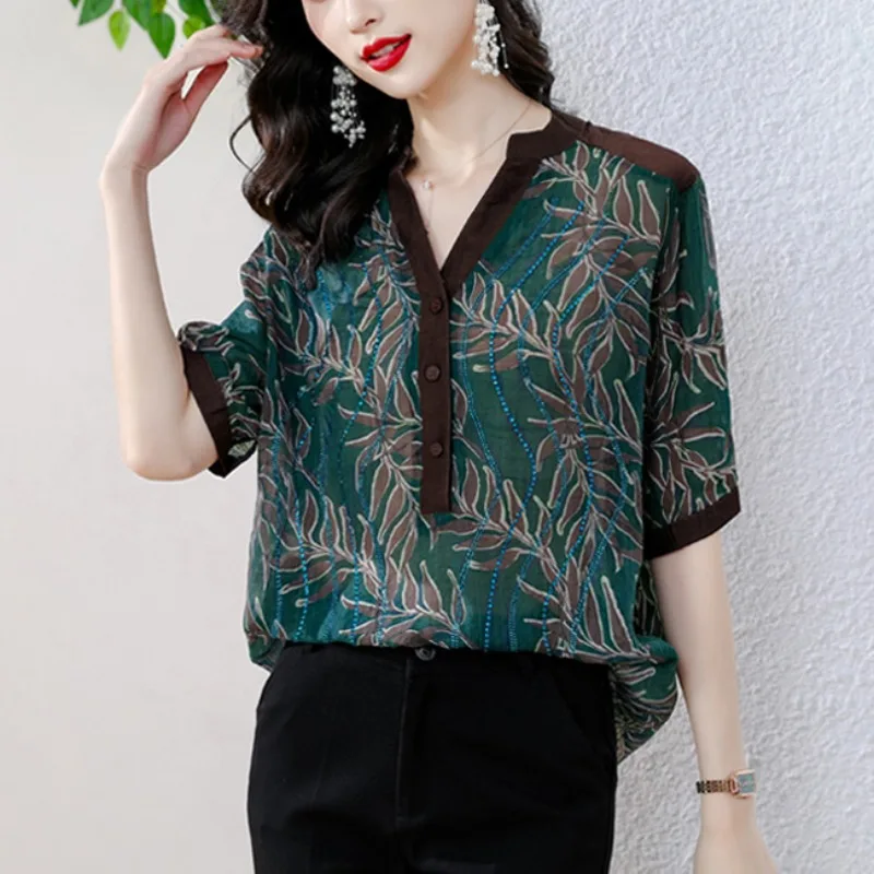 Korean Commute Summer Women\'s V-neck Printing Diamonds Single Breasted Fashion Sweet Short Sleeve Loose Mid Length Shirt Tops