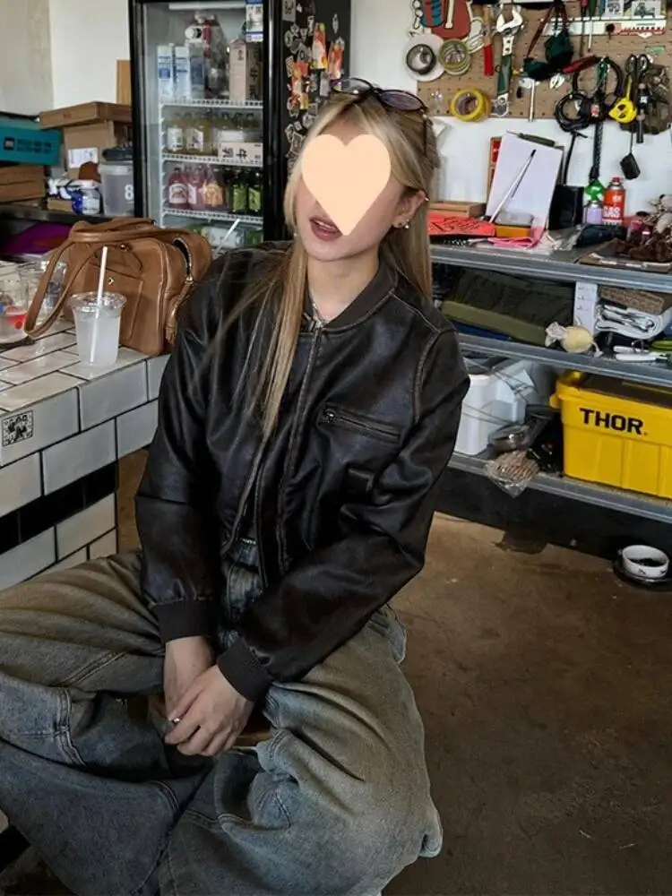 New In Autumn Winter High End Short Motorcycle Leather Jacket Women Top Retro Brown Loose Casual Coat Female Clothing