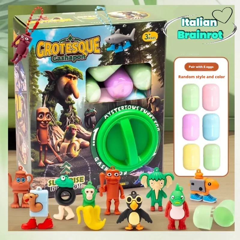 Máquina italiana de huevos torcidos de Brainrot, cápsula divertida sorpresa DIY, huevo Tung Tung Sahur, palo de madera, caja ciega, juguete, regalo de cumpleaños para niños