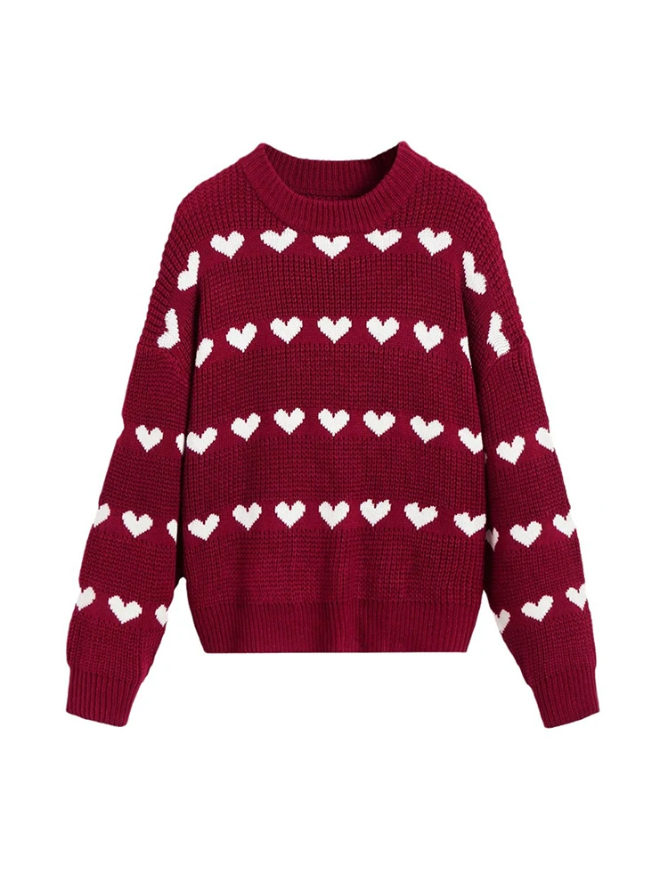 

Women Love Pattern Knit Pullover Sweater, Casual Crew Neck Long Sleeve, Suitable For Autumn/Winter Valentine's Day