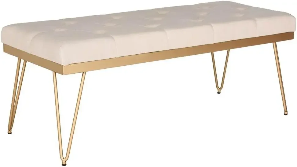 

100% Linen Top Wood Frame Bench, Modern Style Ottomans, Perfect for Any Rooms, Beige/Gold, 19.3"D x 46.8"W x 18"H