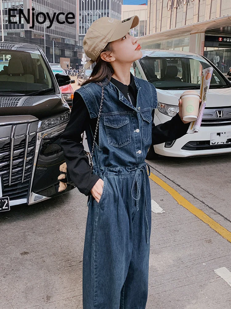 

ENjoyce 2023 Autumn Women Korean Fashion Sleeveless Pockets Cargo Denim Jumpsuit Ladies High Street Romper Bodysuit Playsuits