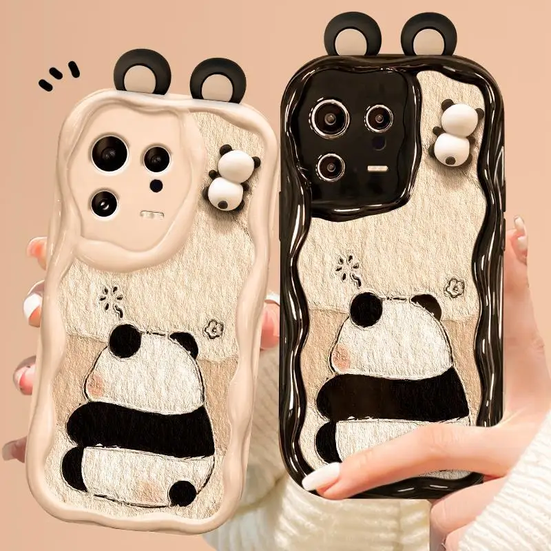 Cute 3D Pnada Case for Xiaomi Redmi Note 13 Pro 5G 12 13 Pro Plus Redmi 12 POCO X6 M6 Pro Wave Pattern Couple Phone Back Cover