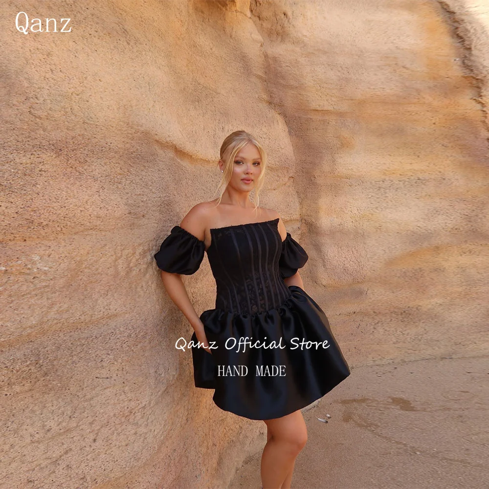 

Qanz Black Mini Prom Dresses Strapless Lace Short Puff Sleeves Cocktail Dresses Lace Up Back Vestidos De Fiesta Customized