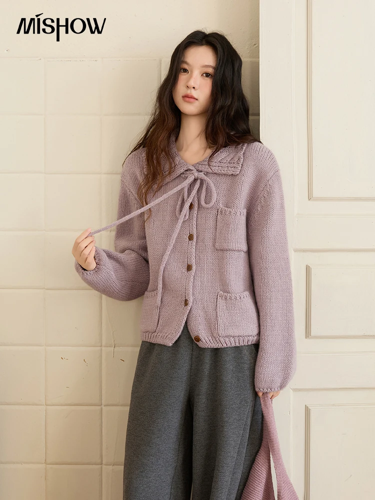 

MISHOW Knit Cardigan Woman 2025 Winter Elegant Lace-up Turn-down Collar Long Sleeves Sweater Casual Loose Purple Top MXE88Z2710