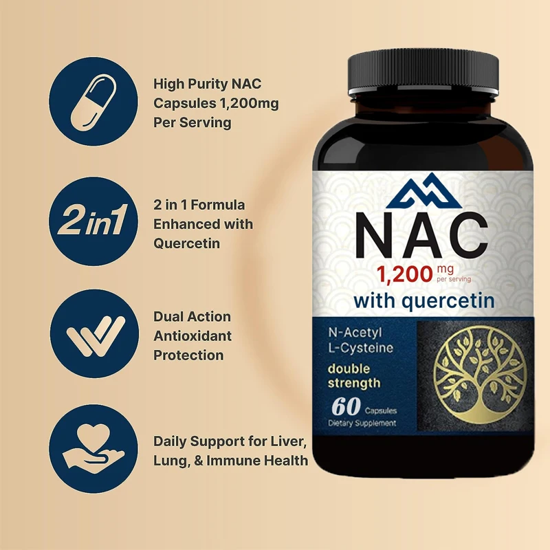 NAC supplement 1200mg 60 capsules, N-acetylcysteine containing quercetin dual strength - supports immune, liver, and lung health