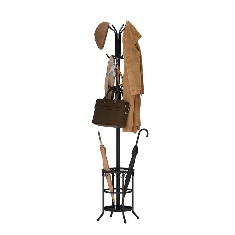 

Coat Rack Freestanding with Umbrella Holder Metal Hanger Stand, Hall Tree with 12 Hooks, Entryway Organizer for Hats, Bags, and