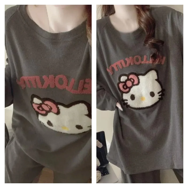 

Hello Kitty Big Size Pajamas Set Women Winter Flannel Warm Embroidered Homewear Plus Size Ladies Home Loungewear Cute Kawaii