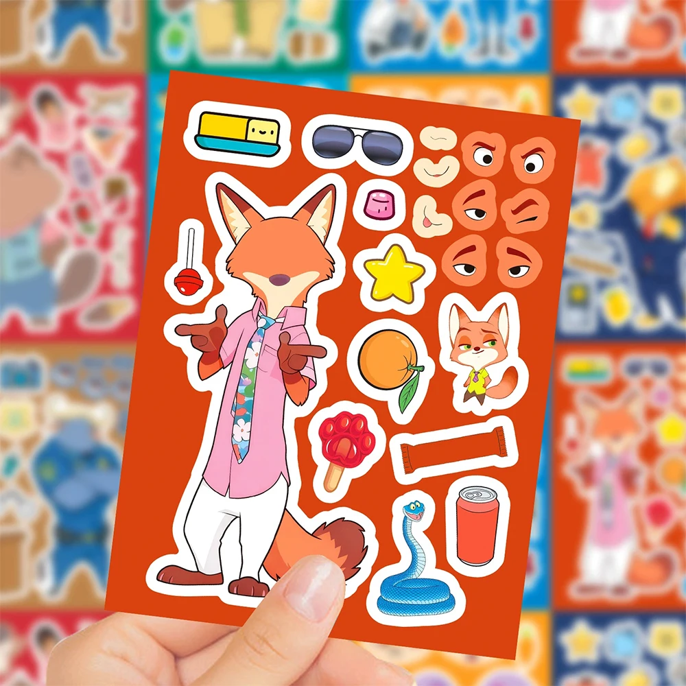 8/16sheets Cute Disney Zootopia Anime Puzzle Stickers Kawaii Cartoon Judy Nick Make a Face DIY Assemble Jigsaw Educational Toys