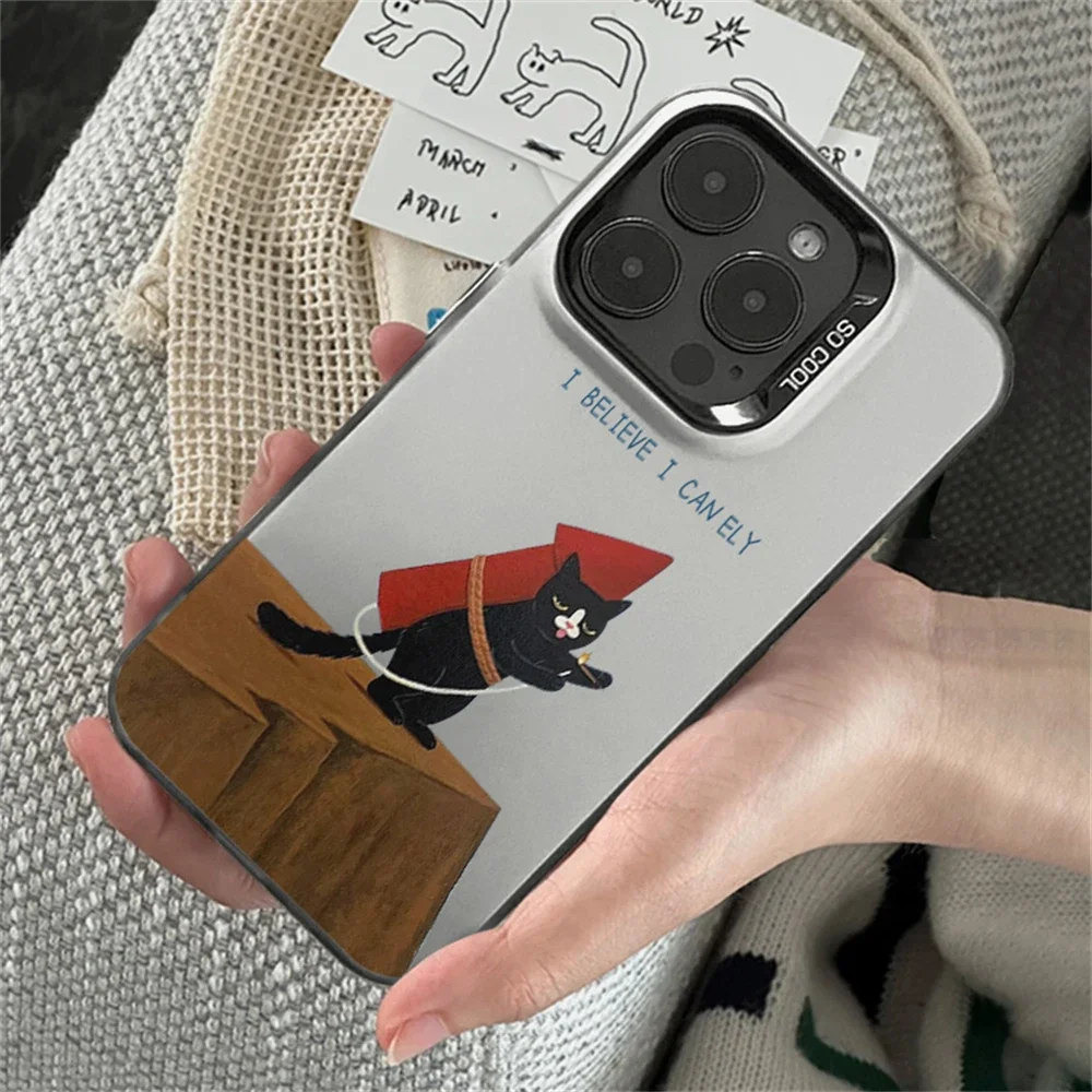 Funny Rocket Cat Phone Case for iPhone 15 14 16 Plus 11 12 13 Pro Max Dual Layer IMD Hard Plastic Shockproof Cute Animal Cover