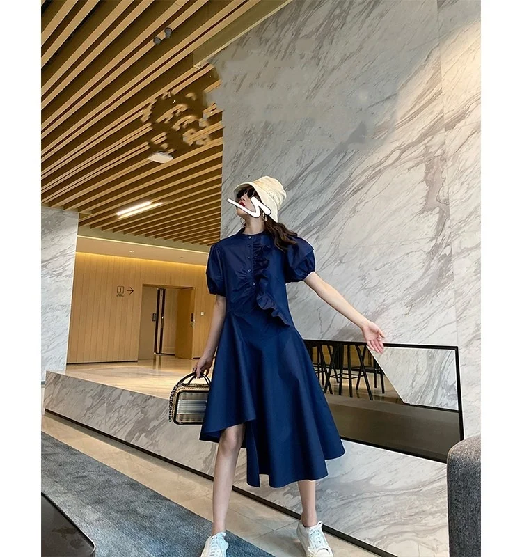 

French niche design sense Irregular medium length dress Women's summer light mature style shirt skirt Slim temperament