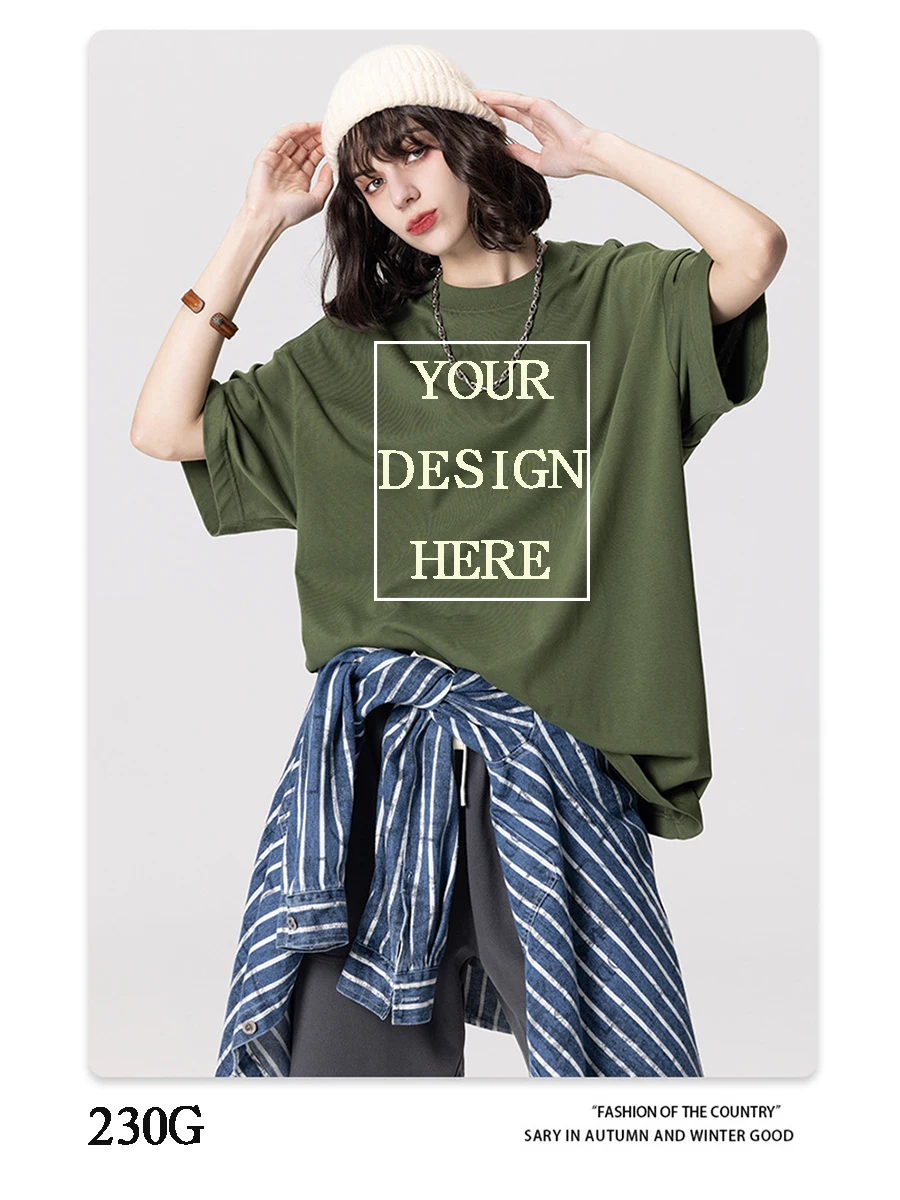 Custom T-shirt for Men Women 2024 Summer 230G Cotton Short-Sleeved 32S Double Yarn Short-Sleeved Cross-Border Army Green