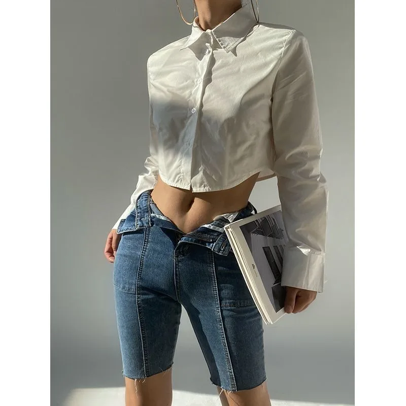 QWEEK Cropped White Short Shirts Gyaru Vintage Long Sleeve Blouse Solid Color Minimalist Casual Button Up Women Clothes Autumn