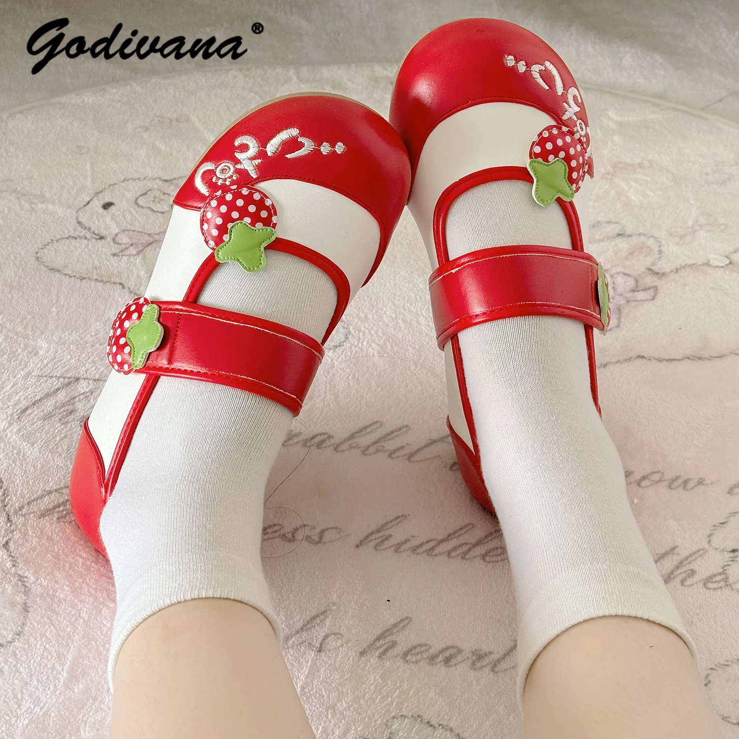 الأصلي أحذية من الجلد الداخلي طالب بنات لطيف الفراولة الفيلكرو جولة رئيس لينة وحيد حذاء مسطح أحذية نسائية