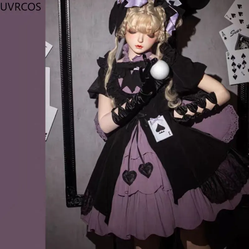 Giapponese Y2k stile Punk Lolita OP Dress donna fiocco gotico a vita alta Slim abiti manica corta ragazze Kawaii Princess Mini Dress