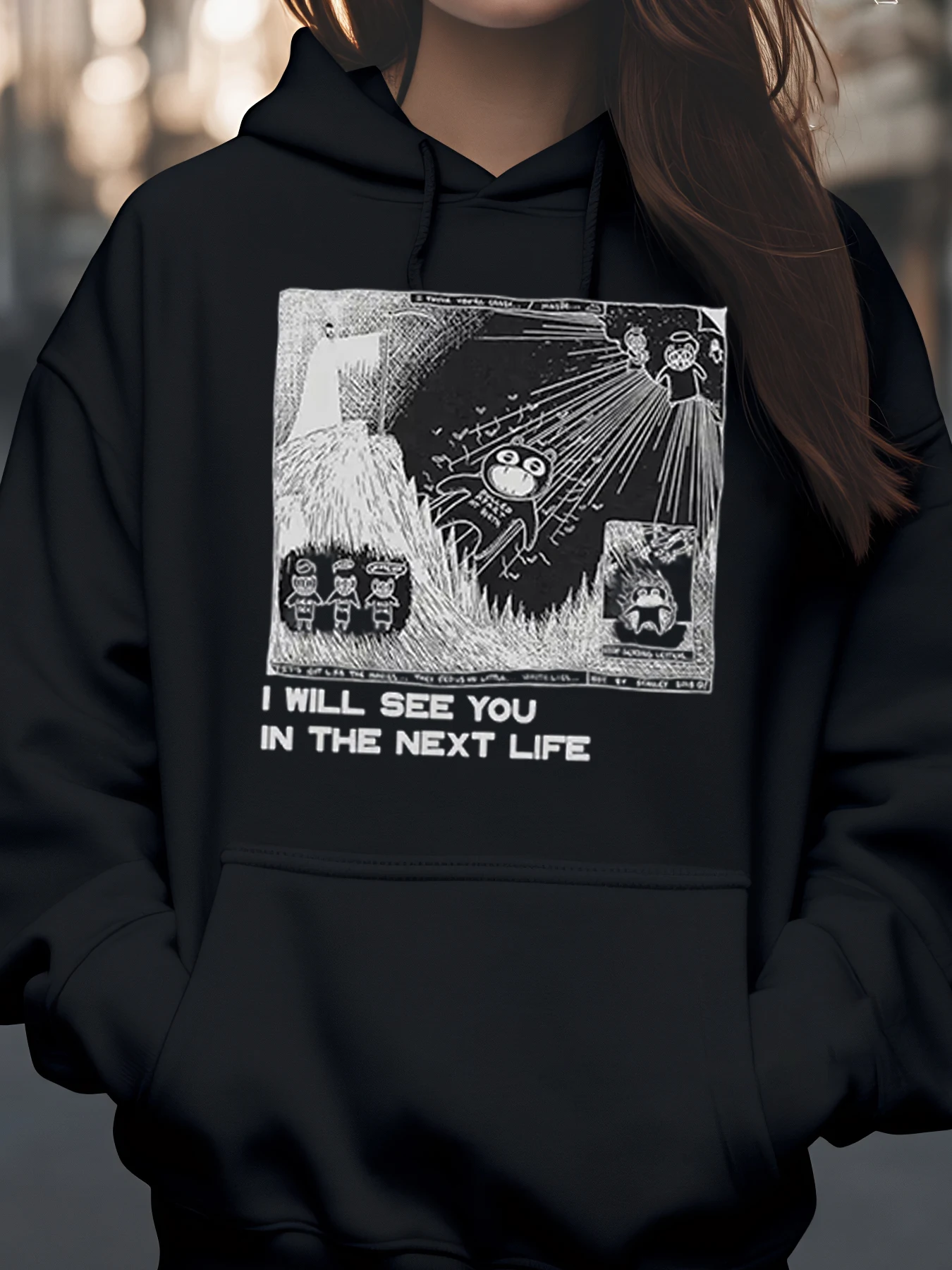 

Cartoon Graveyard Design I Will See You in the Next Life Hoodie Halloween Casual Wear for Women