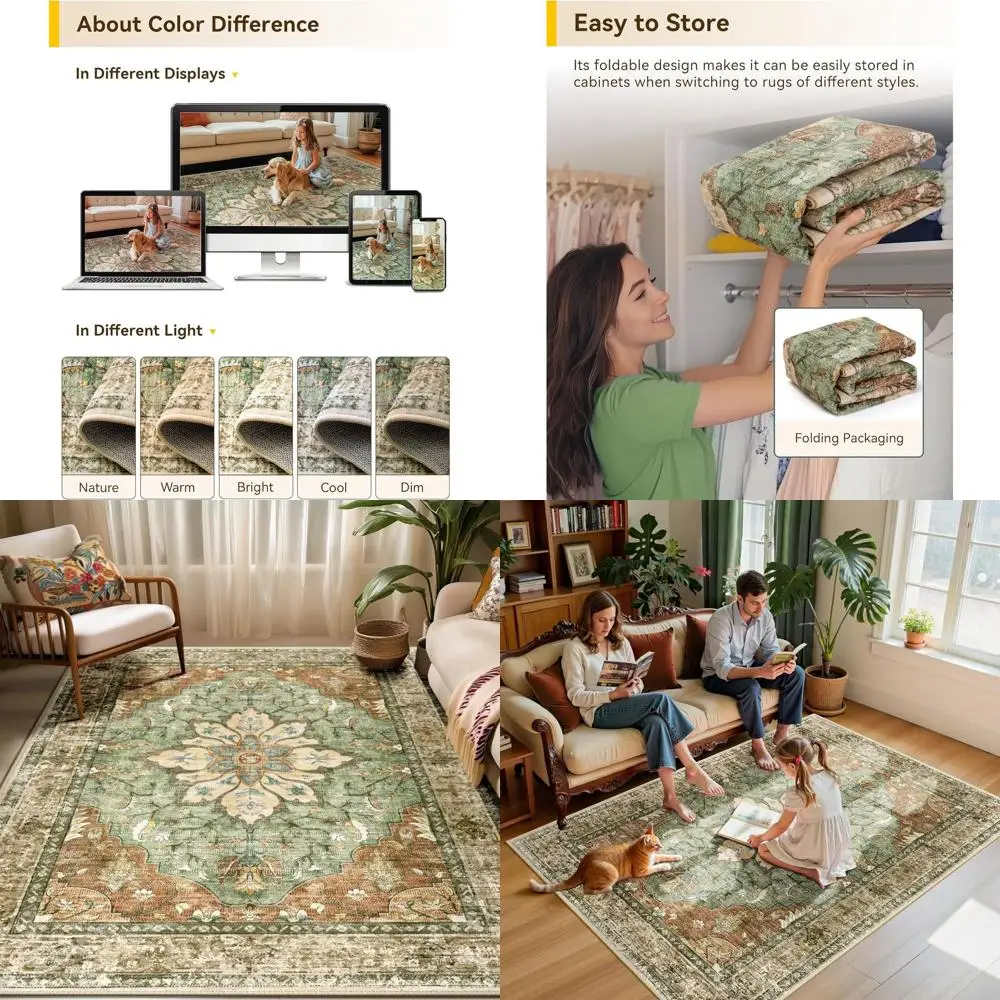 سجادة منطقة ميدالية زهرية عتيقة، 5 × 7 أقدام، قابلة للغسل، غير قابلة للانزلاق، نمط متعثر، مناسبة لغرفة المعيشة وغرفة النوم وتناول الطعام