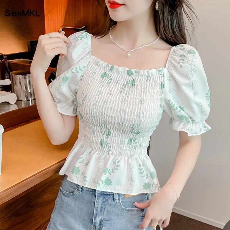 Women Puff Sleeve Tops Sexy 2024 Korean Fashion Off Shoulder Casual Blusas Mujer Elegant Printed Slim Chiffon Blouse Corset Top