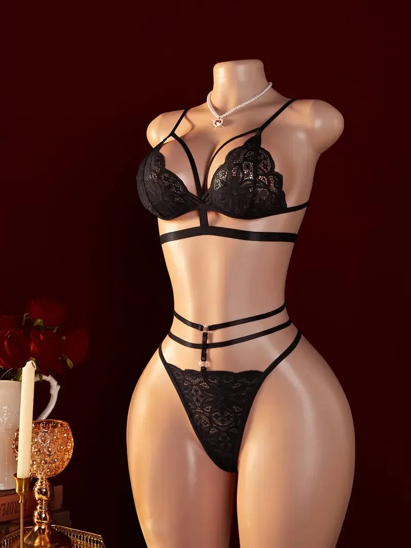 

S- XXL Women's Sexy Contrast Lace Single-Layer Mesh Bra with Sheer See-Through Design and Elastic Straps Lingerie Set