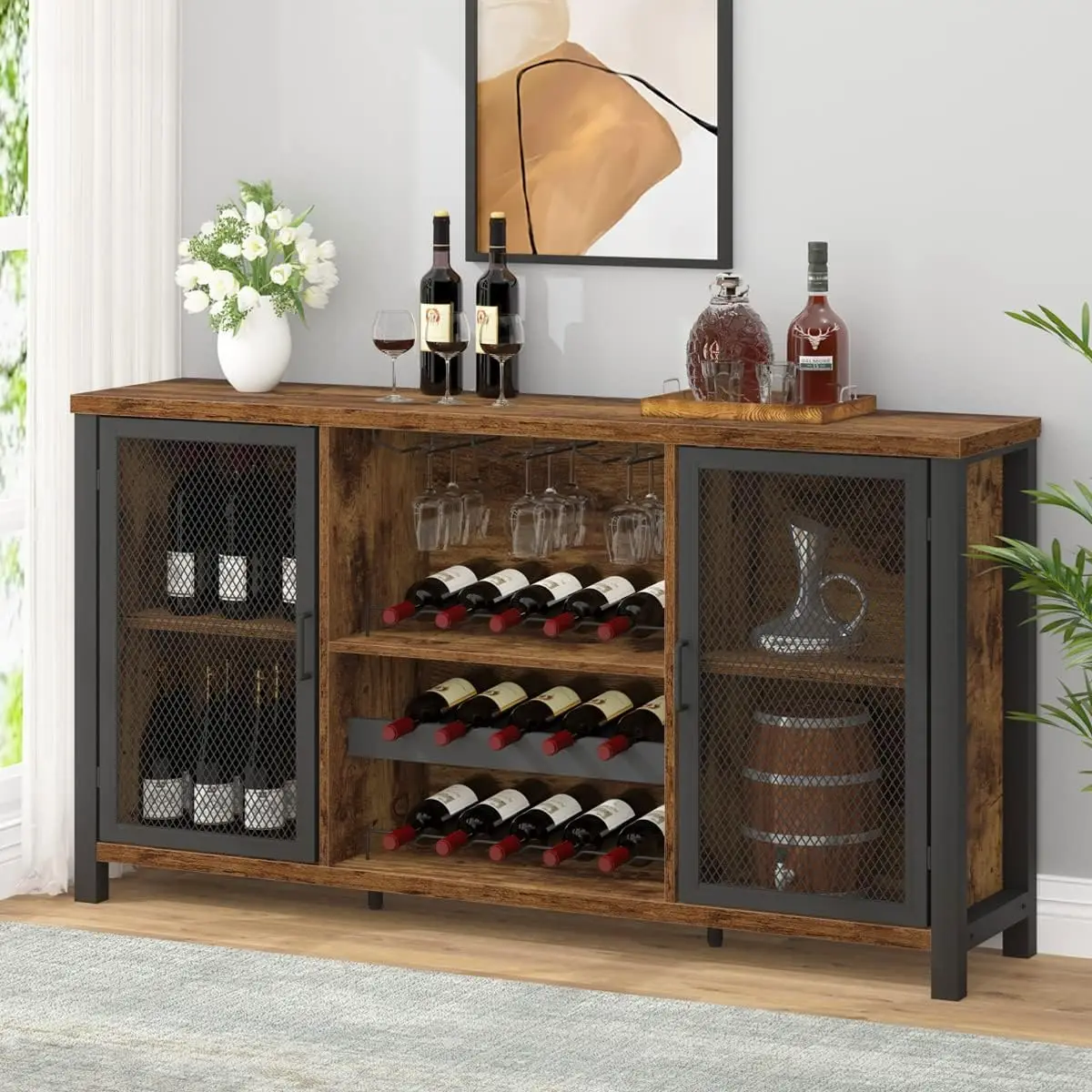 

XCYIBF Rustic Wine Bar Cabinet, Coffee Bar Cabinet for Liquor and Glasses, Farmhouse Wood Buffet Sideboard with Storage Rack,