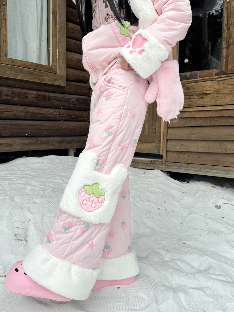 Autumn Winter New Japanese Style Soft Girl Sweet Cute Casual Pink Strawberry Embroidery Straight Warm Long Cotton Pants