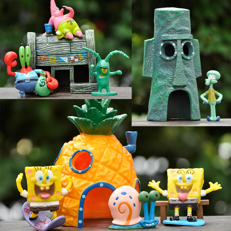 6pcs SpongeBob Fish Tank Decoration Cartoon Aquarium Doll Decorations Pineapple House Fish Shrimp Hideout Aquarium Decoration