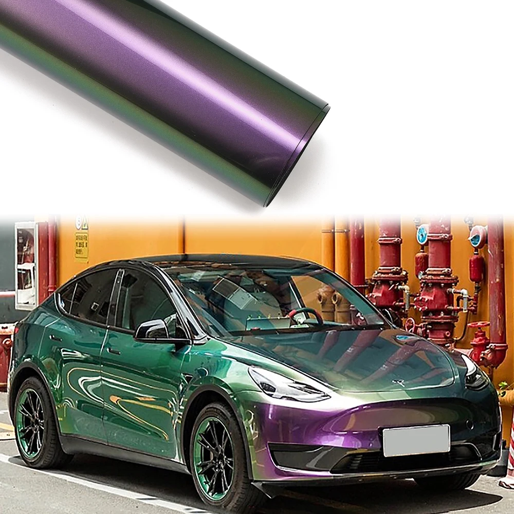 17m x 1.52m Glossy Green Purple Chameleon PVC Vinyl Wrap Roll Decals Sedan Car Body Stickers Color Change Car Styling Film