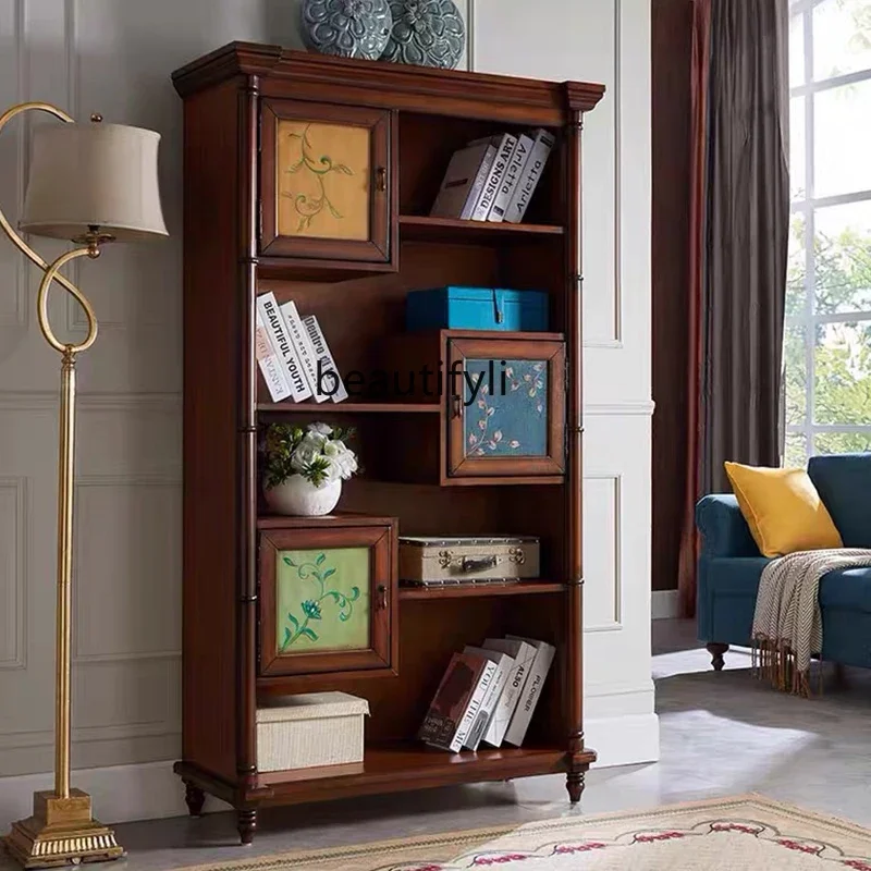 

SS03A American-Style Solid Wood Bookcase Shelf Floor Bookshelf Living Room Partition Wine Cabinet Chinese Style Locker