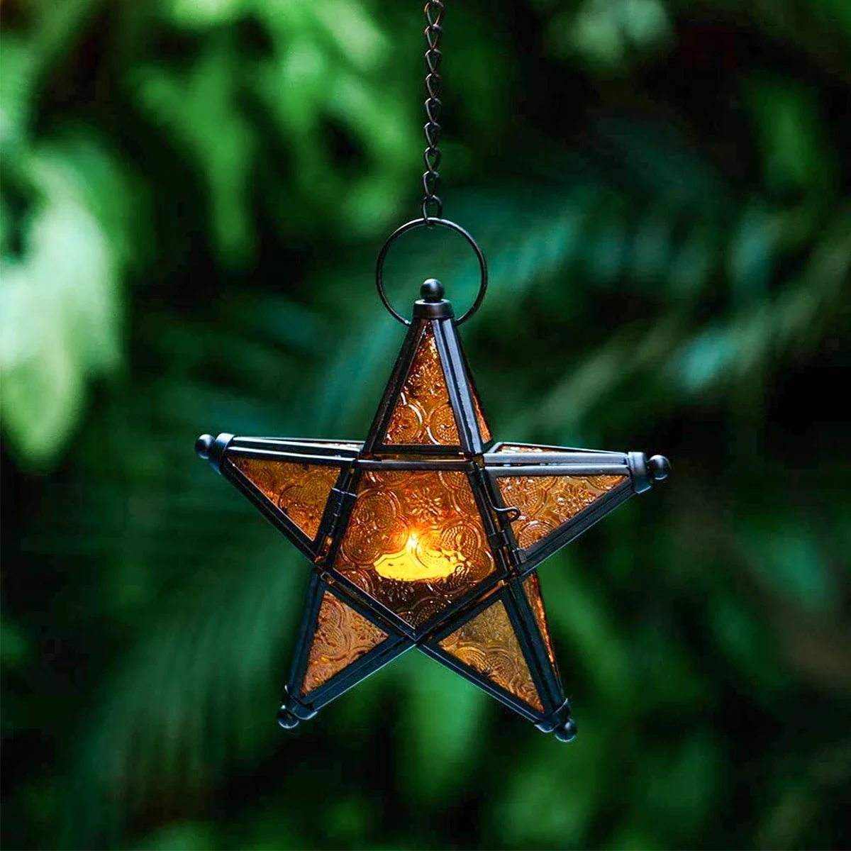 1PC wrought iron stained glass five-pointed star hanging candle holder, suitable for home, restaurant decoration and gift giving