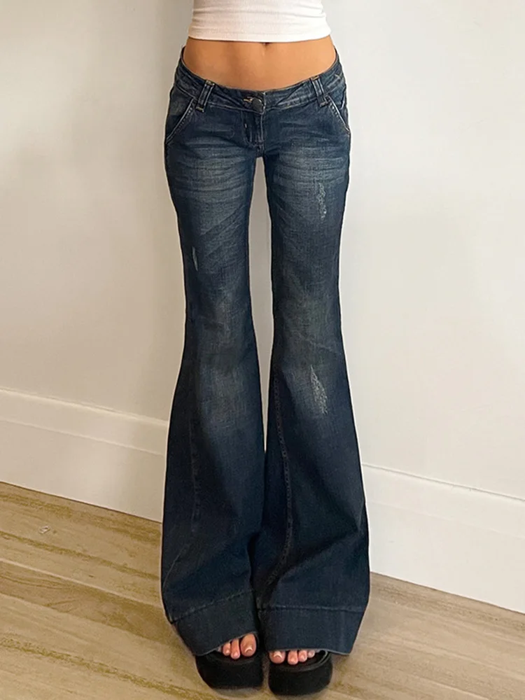 

Women's Low Rise Flared Jeans Y2K Vintage Slim-Fit Blue Denim Pants 2000S Retro Streetwear Harajuku Fashion All-Match Trousers
